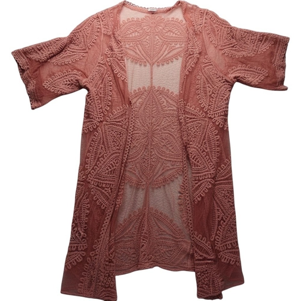 Blouse Womens One Size Pink V Neck Short Kimono Sleeve Crochet Lace Top